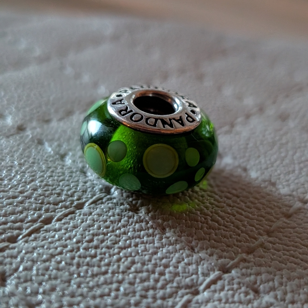 Authentic Pandora Green Glass Charm with Polka Dots 925 ALE LIKE-NEW